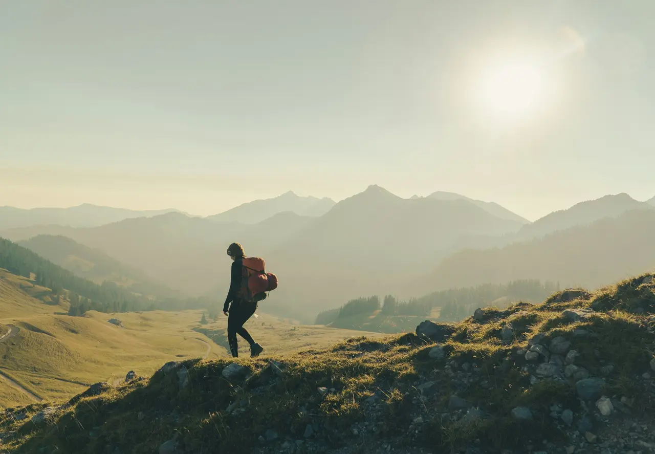 A hiker with a backpack walking a grassy ridge in hazy light